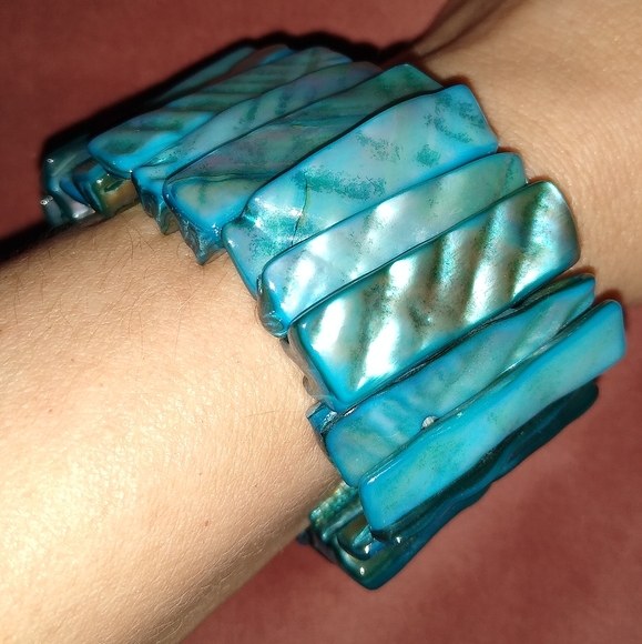 Turquoise Teal Blue Shell Bracelet Big Chunky Cuff Thick Stretch Mother of Pearl - Picture 7 of 7